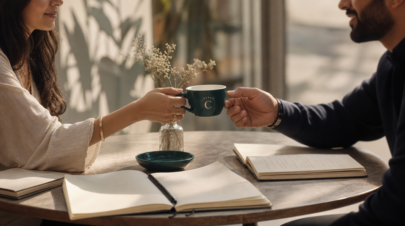 Two people passing a midnight-teal CHAPTERS coffee cup with notebooks on the table