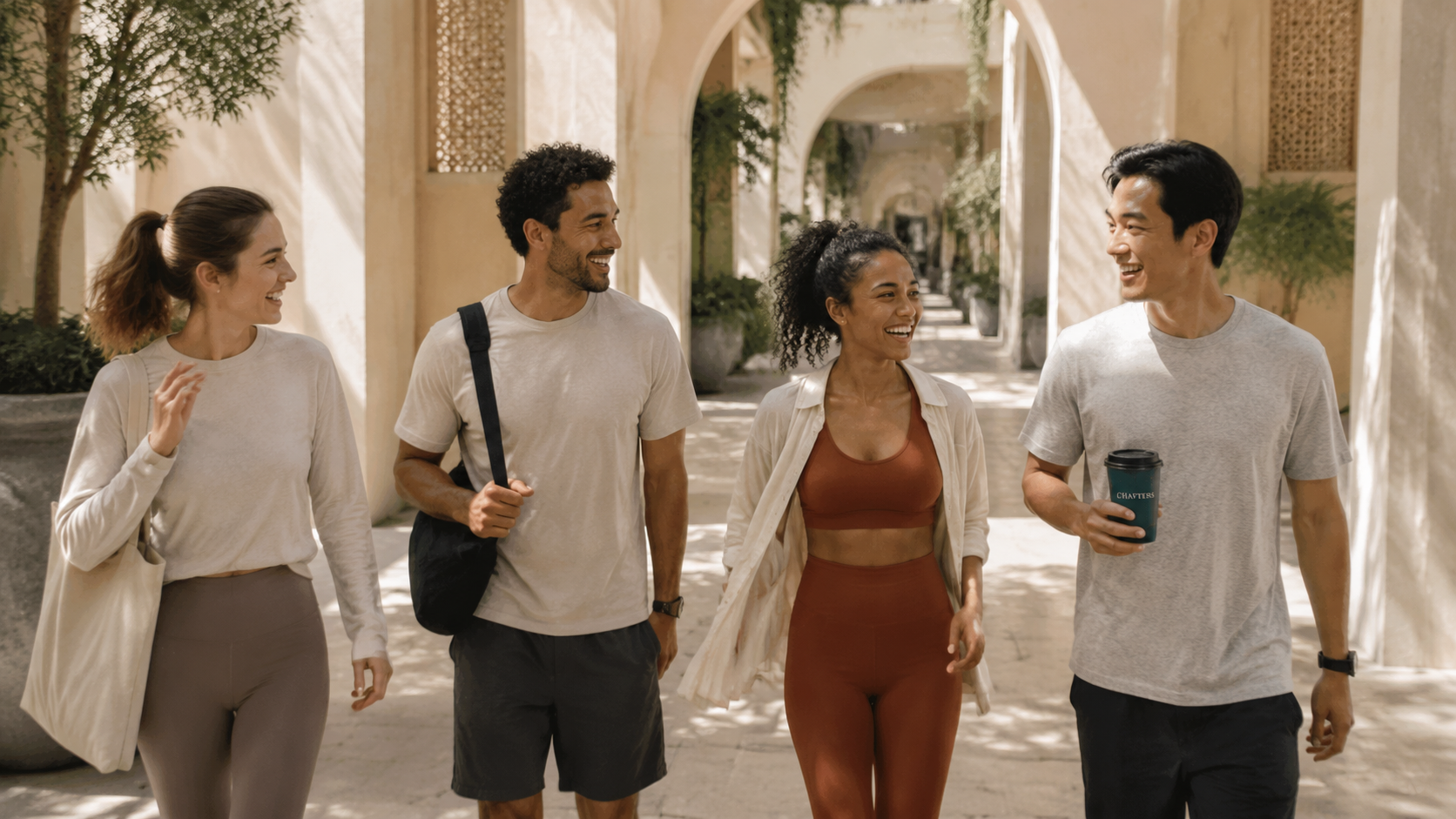 A diverse group of friends walking together through a sunlit Dubai courtyard
